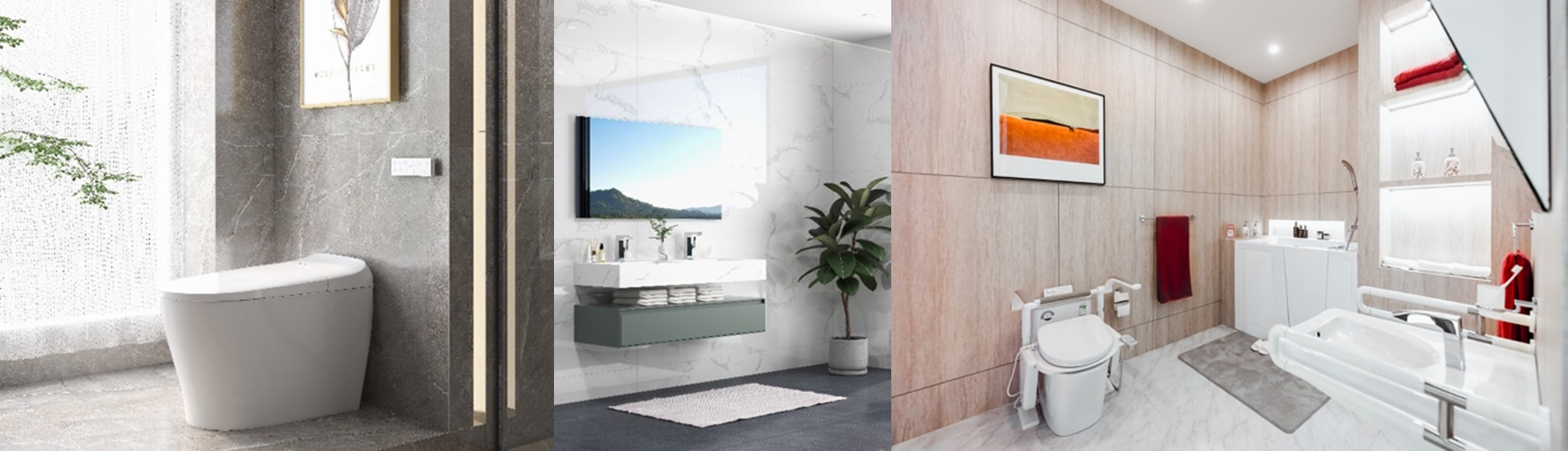 宜乐PRO智享版（左）、定制浴室柜系列（中）与逸享系列卫浴解决方案（右）